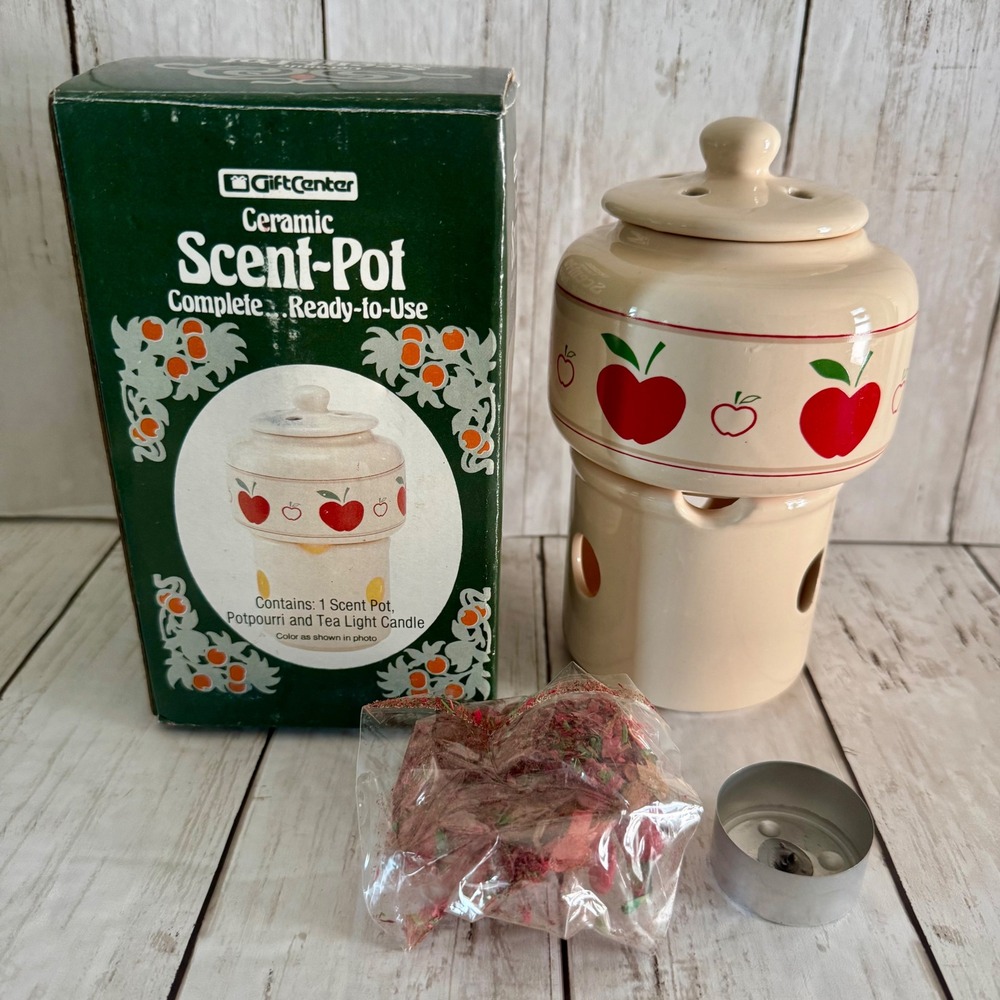 Vintage GiftCenter Ceramic Scent Pot Red Apple Potpourri Warmer Set with Box
